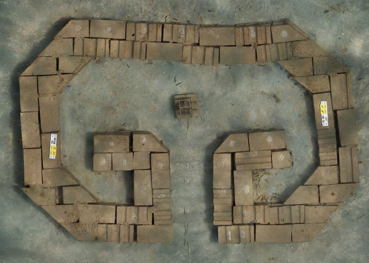 Overhead photomosaic of the artificial reef, its concrete modules arranged in a Ta&iacute;no double-spiral